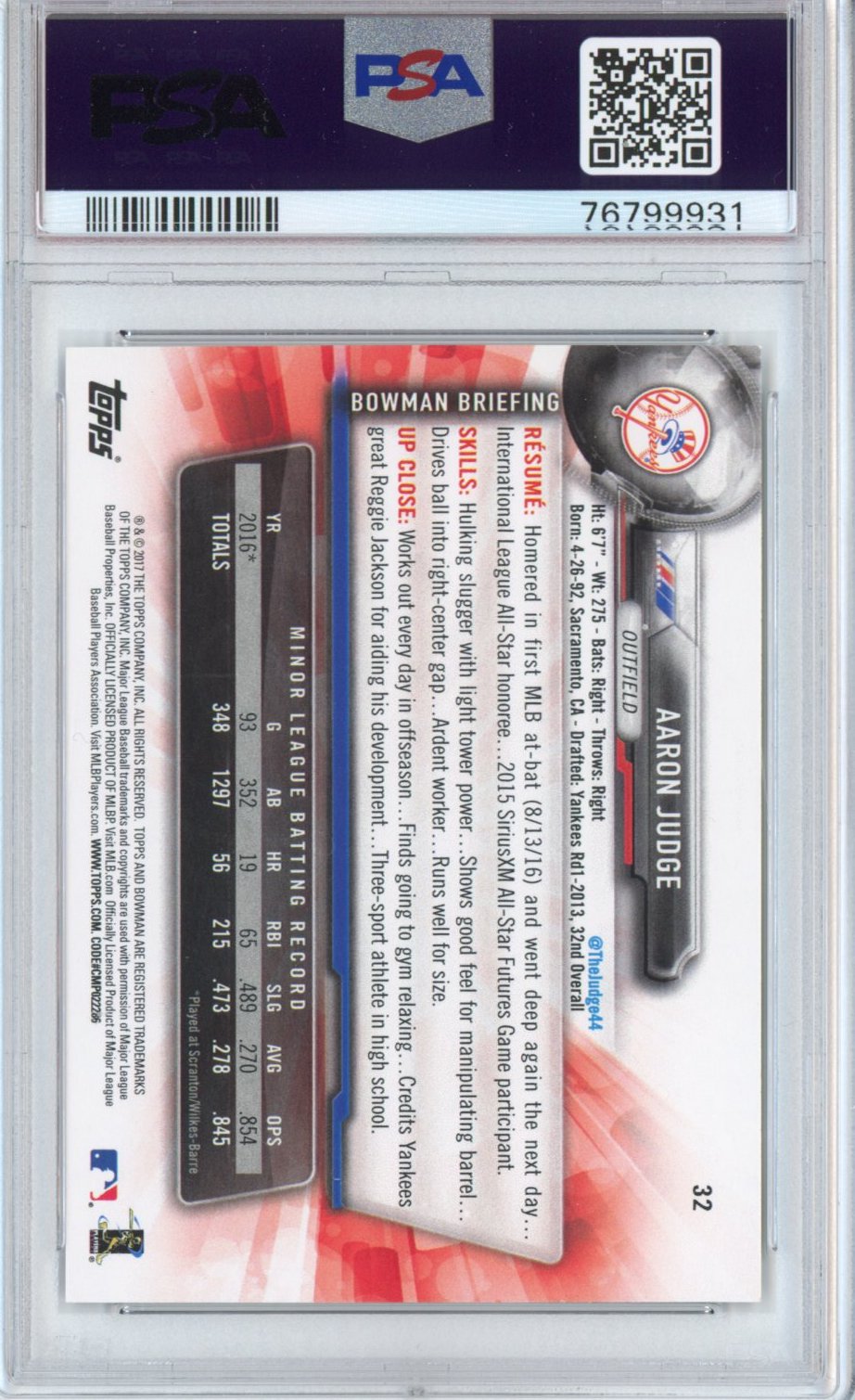 Graded 2017 Topps Bowman Aaron Judge #32 Rookie Debut RC Baseball Card PSA 9 Mint