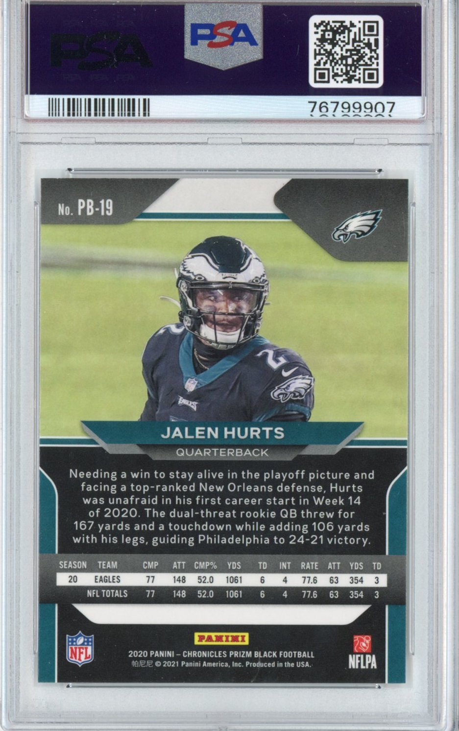 Graded 2020 Panini Chronicles Jalen Hurts #PB19 Prizm Black Rookie RC Football Card PSA 9 Mint