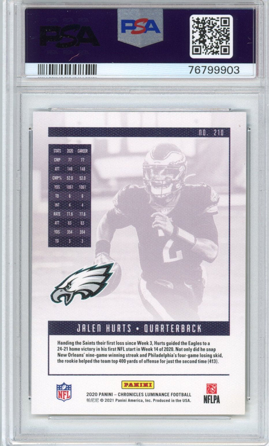 Graded 2020 Panini Chronicles Jalen Hurts #210 Luminance Rookie RC Football Card PSA 9 Mint
