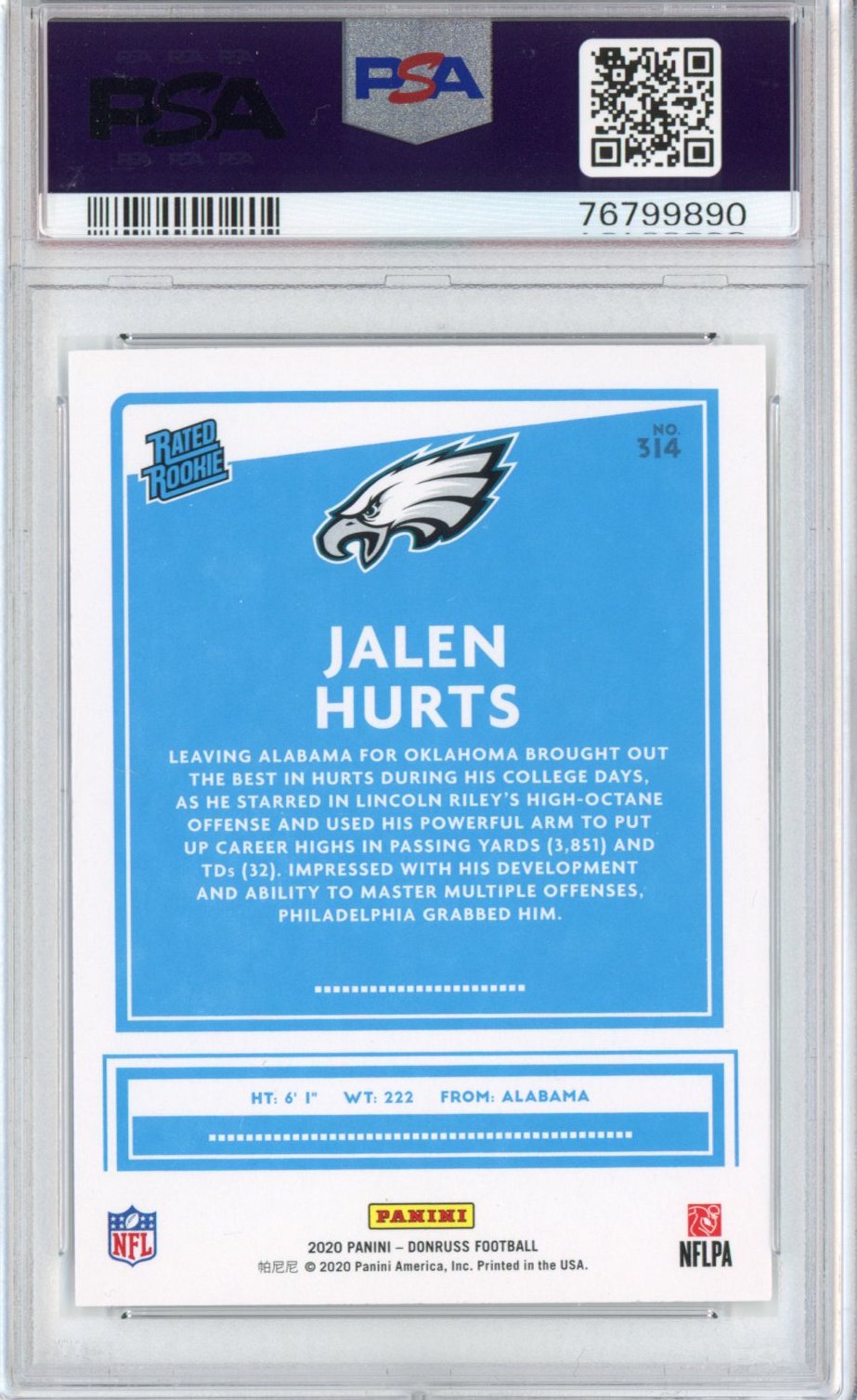 Graded 2020 Panini Donruss Jalen Hurts #314 Rookie RC Football Card PSA 9 Mint