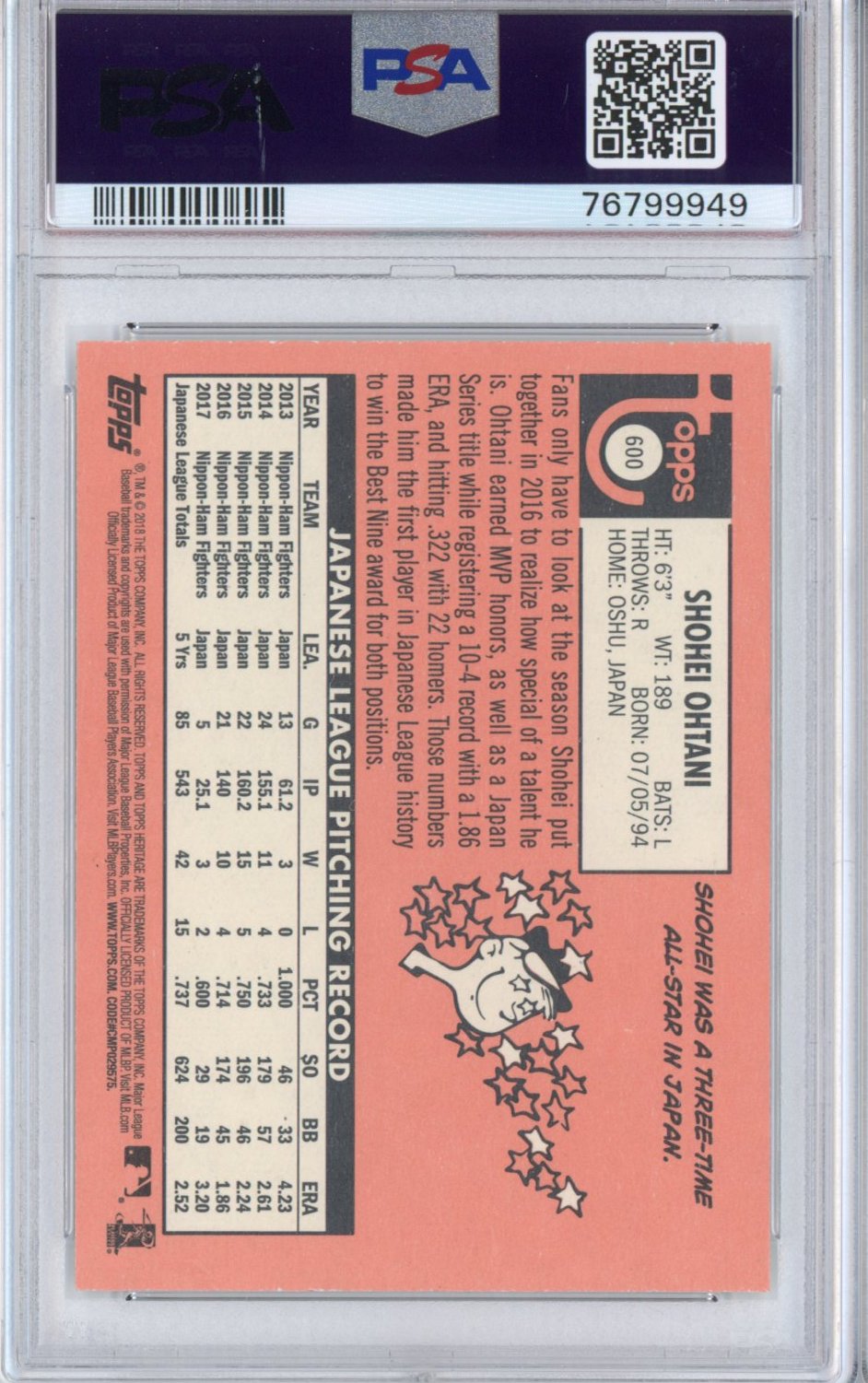 Graded 2018 Topps Heritage Shohei Ohtani #600 Rookie RC Baseball Card PSA 9 Mint