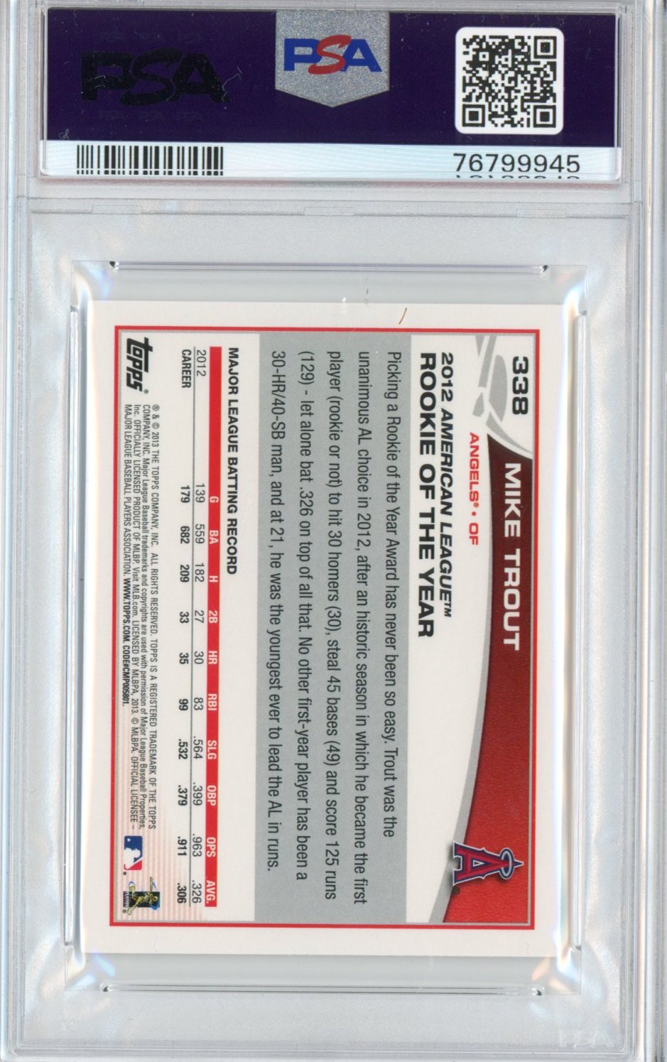 Graded 2013 Topps Mini Mike Trout #338 AL Rookie of the Year RC Baseball Card PSA 10 Gem Mint