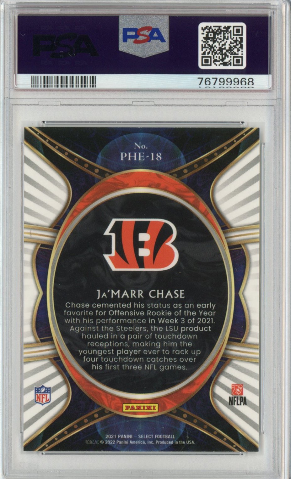 Graded 2021 Panini Select Ja'Marr Chase #PHE18 Phenomenon Rookie RC Football Card PSA 10 Gem Mint