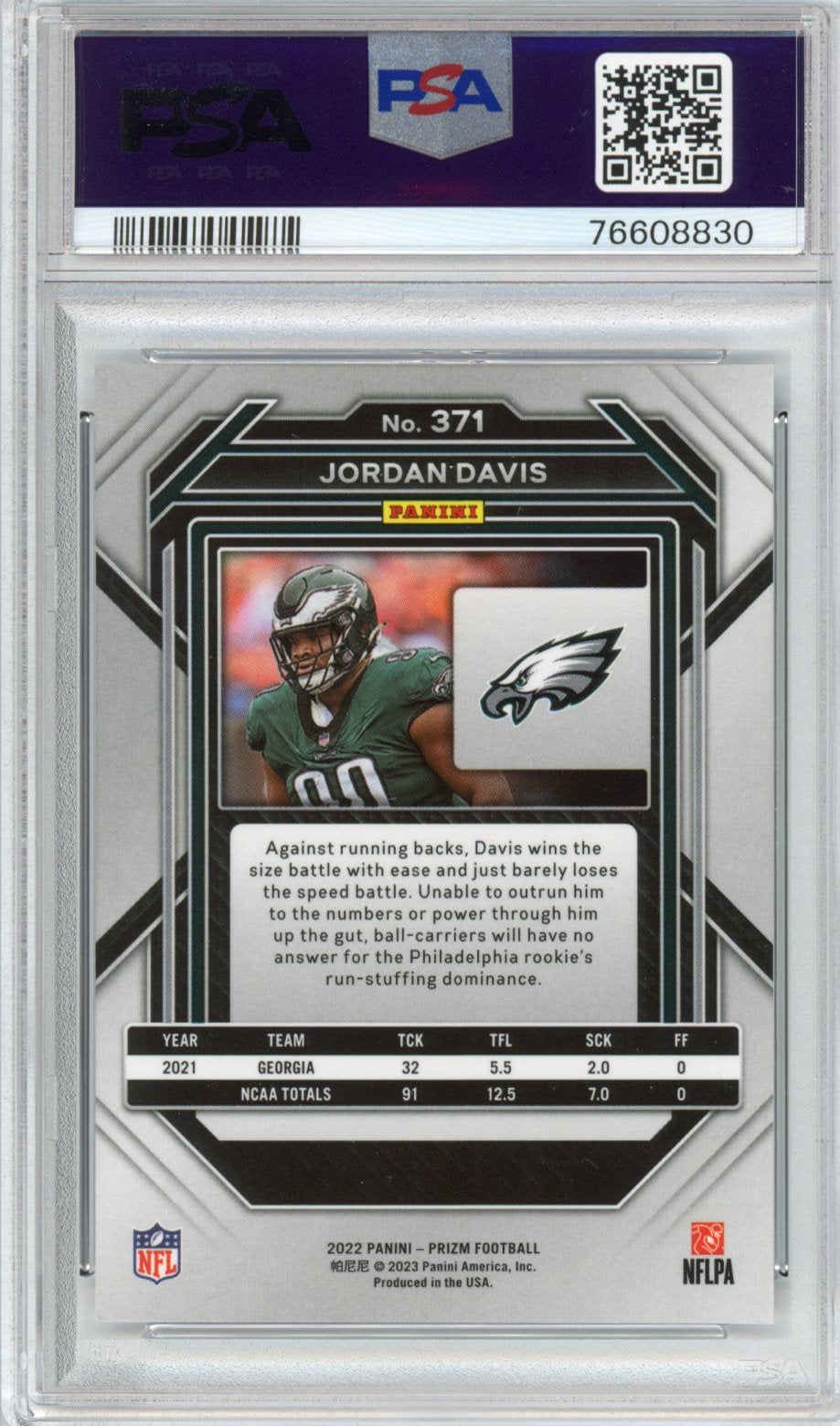 Graded 2022 Panini Prizm Jordan Davis #371 Rookie RC Football Card PSA 10