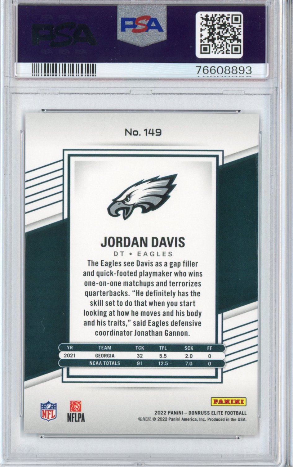 Graded 2022 Panini Donruss Elite Jordan Davis #149 Red Rookie RC Football Card PSA 10