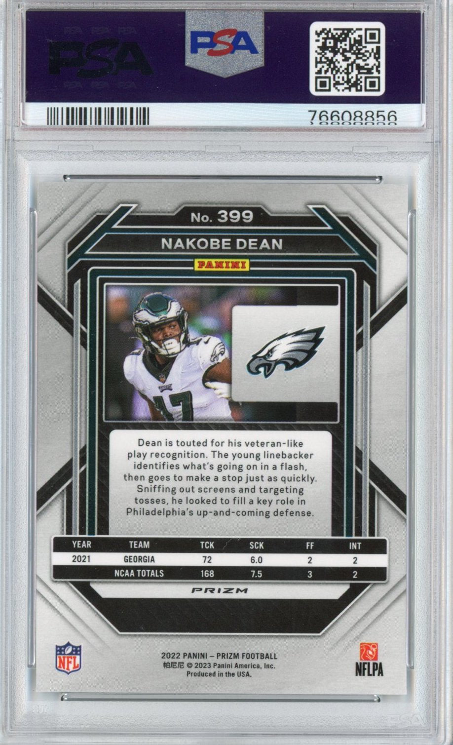 Graded 2022 Panini Prizm Nakobe Dean #399 Green Rookie RC Football Card PSA 10