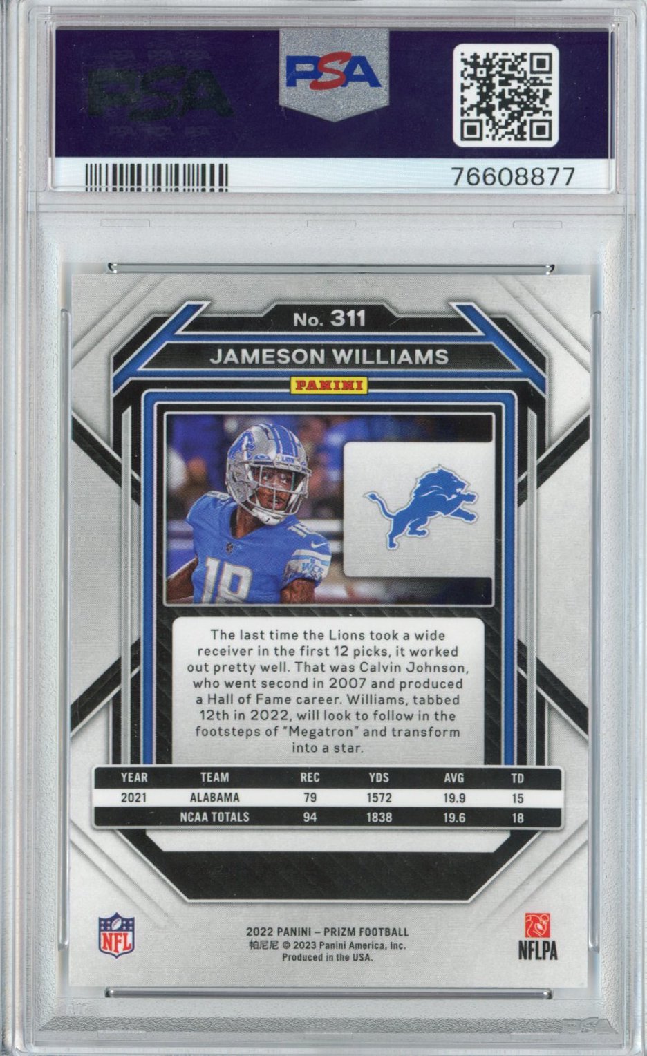 Graded 2022 Panini Prizm Jameson Williams #311 Rookie RC Football Card PSA 10