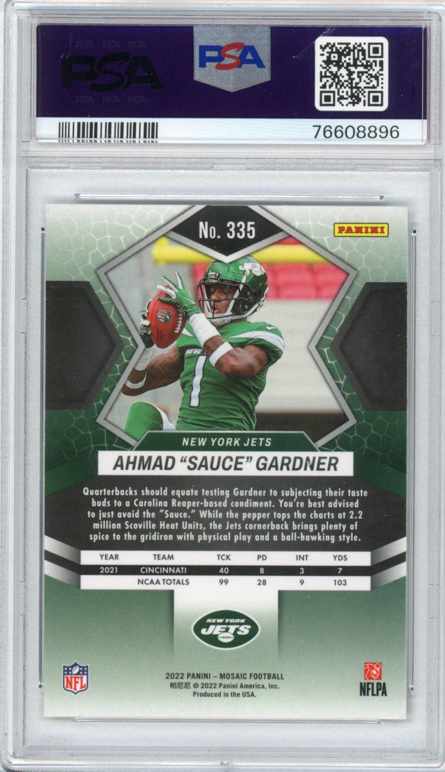 Graded 2022 Panini Mosaic Ahmad Sauce Gardner #335 Rookie RC Football Card PSA 10 Gem Mint
