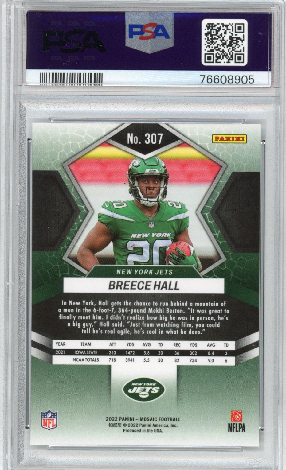 Graded 2022 Panini Mosaic Breece Hall #307 Rookie RC Football Card PSA 10 Gem Mint