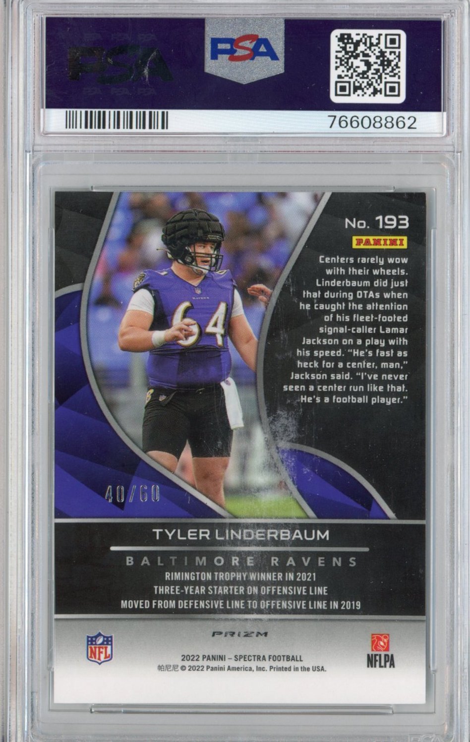 Graded 2022 Panini Spectra Tyler Linderbaum #193 Interstellar #/60 Rookie RC Football Card PSA 10 Gem Mint