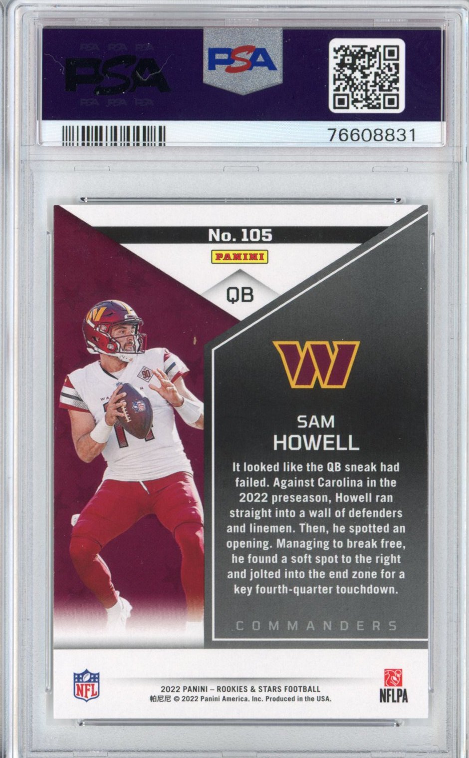 Graded 2022 Rookies & Stars Sam Howell #105 Rookie RC Football Card PSA 10 Gem Mint