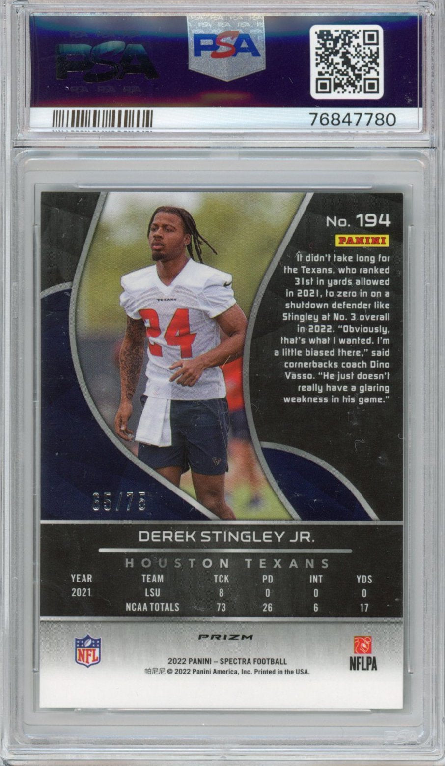 Graded 2022 Panini Spectra Derek Stingley Jr. #194 Hyper Prizm #/75 Rookie RC Football Card PSA 10 Gem Mint