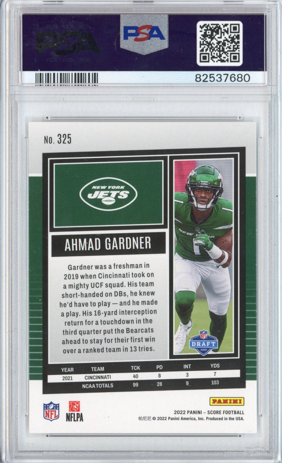 Graded 2022 Panini Score Ahmad Sauce Gardner #325 Rookie RC Football Card PSA 8 Mint