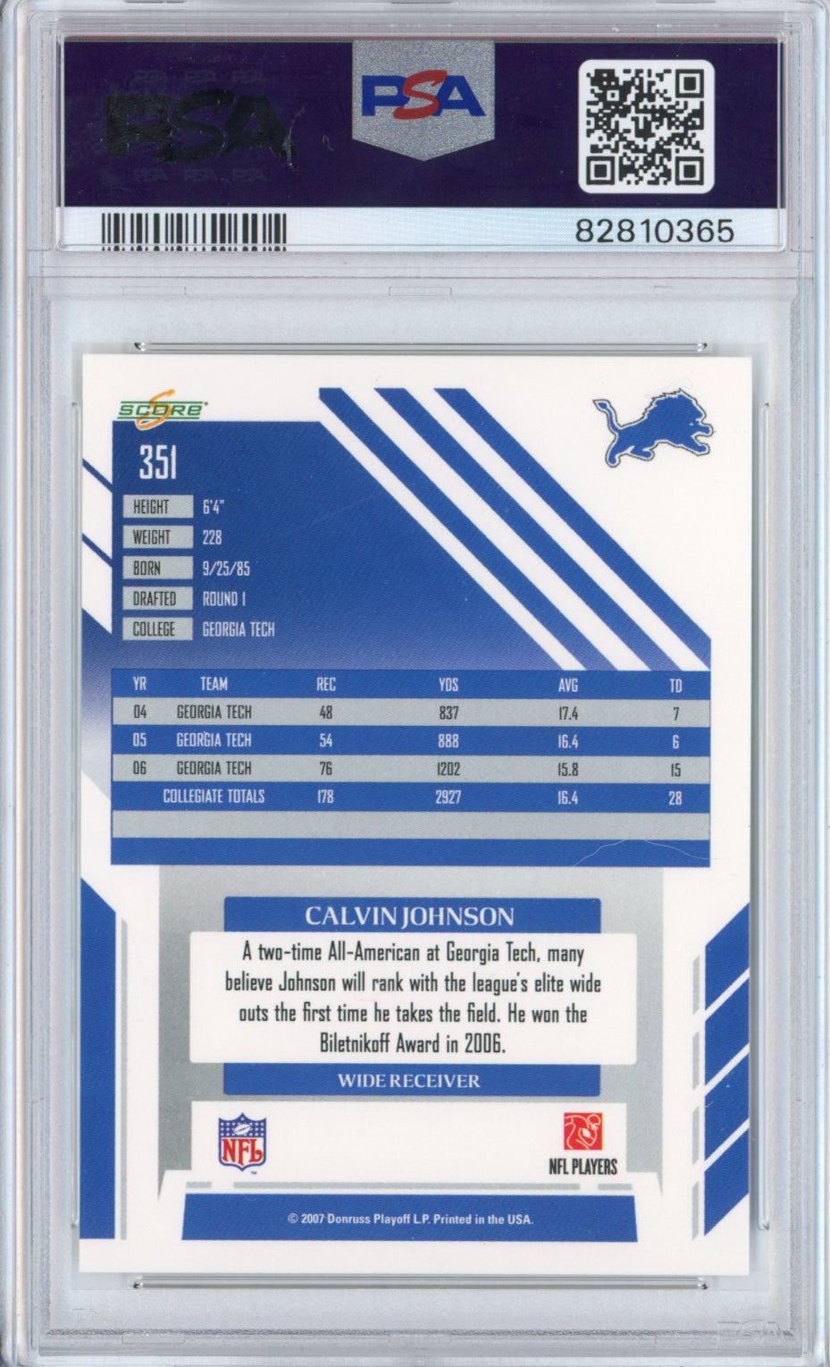 Graded 2007 Panini Score Calvin Johnson #351 Rookie RC Football Card PSA 9 Mint