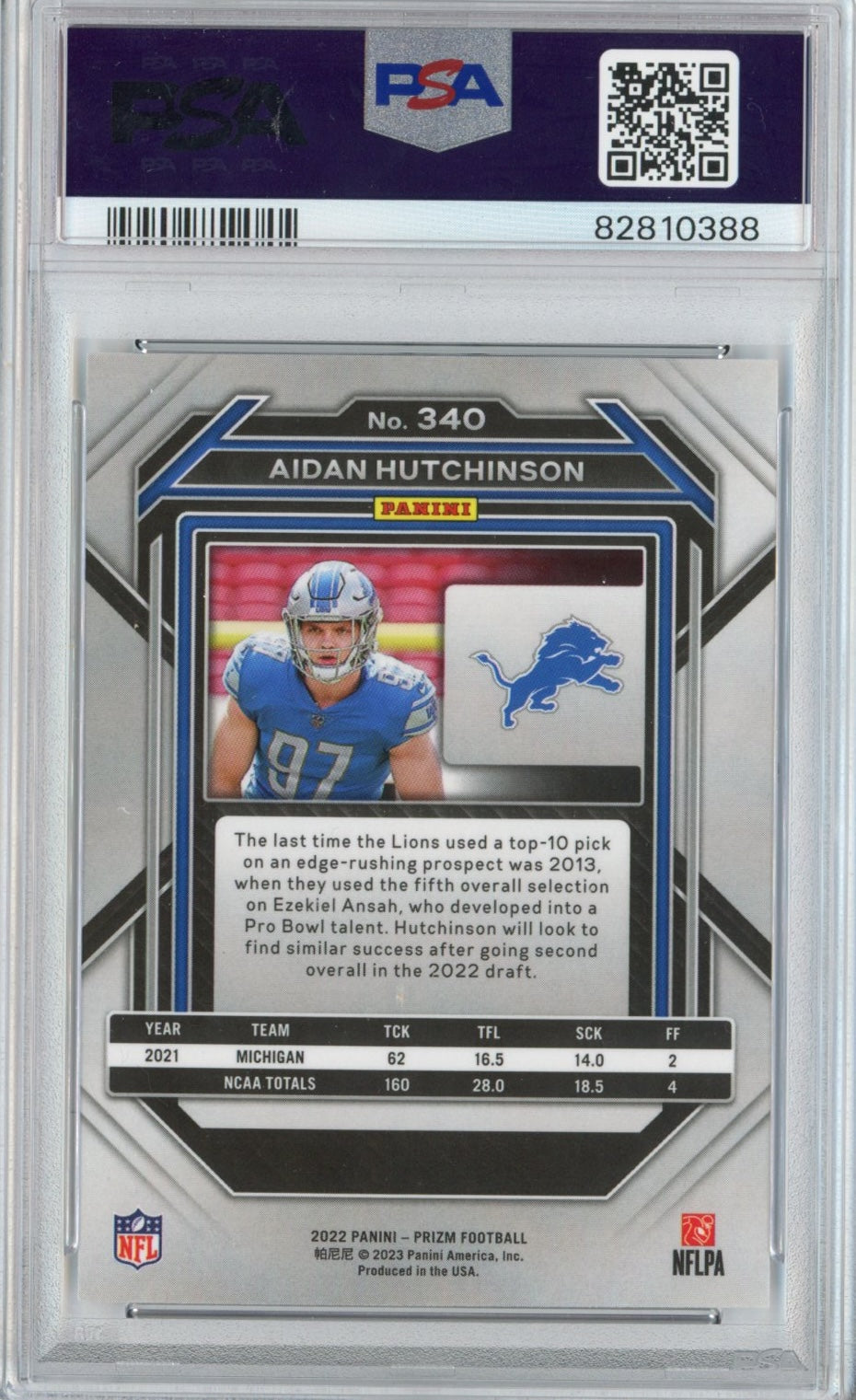 Graded 2022 Panini Prizm Aidan Hutchinson #340 Rookie RC Football Card PSA 10