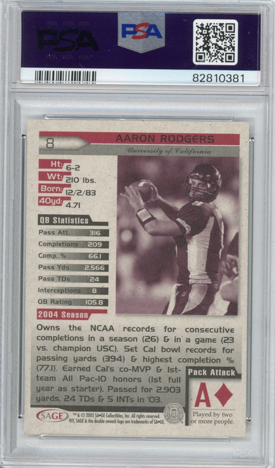 Graded 2005 Sage SA-GE Hit Aaron Rodgers #8 Rookie RC Football Card PSA 9 Mint