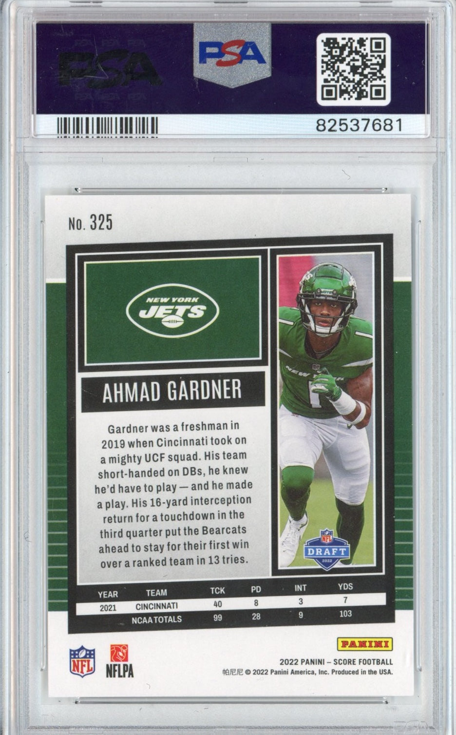 Graded 2022 Panini Score Ahmad Sauce Gardner #325 Rookie RC Football Card PSA 10 Gem Mint