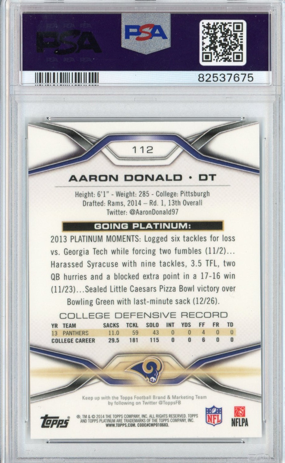 Graded 2014 Topps Platinum Aaron Donald #112 Rookie RC Football Card PSA 8 Mint