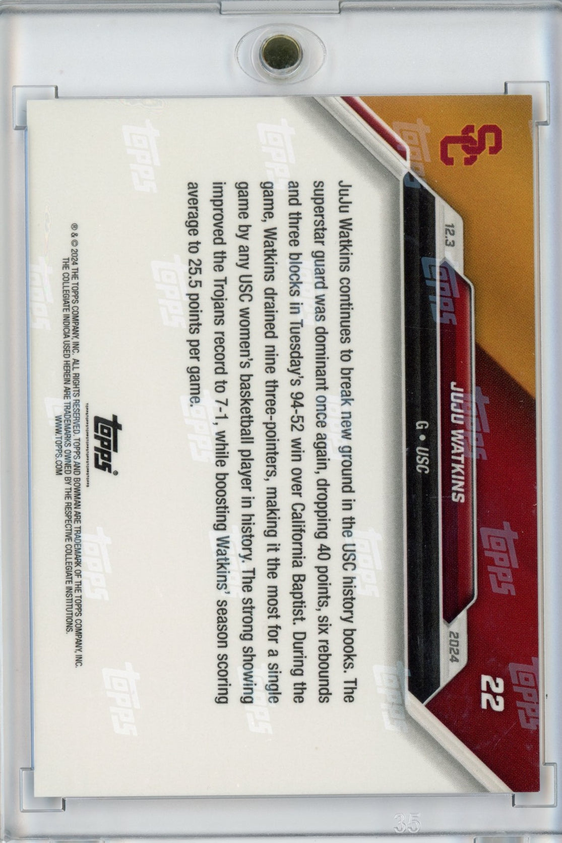 2024 Topps Bowman U Now JuJu Watkins #22 Orange #/5 USC Trojans Rookie RC Basketball Card