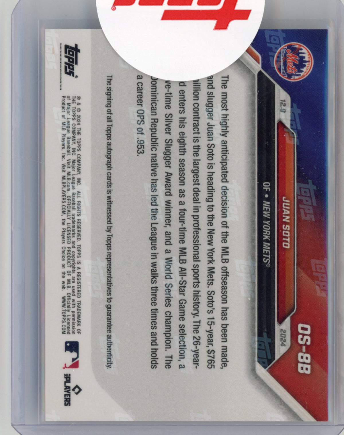 2025 Topps Now Juan Soto #OS8B Orange Auto /5 Signs Record Deal New York Mets Baseball Card