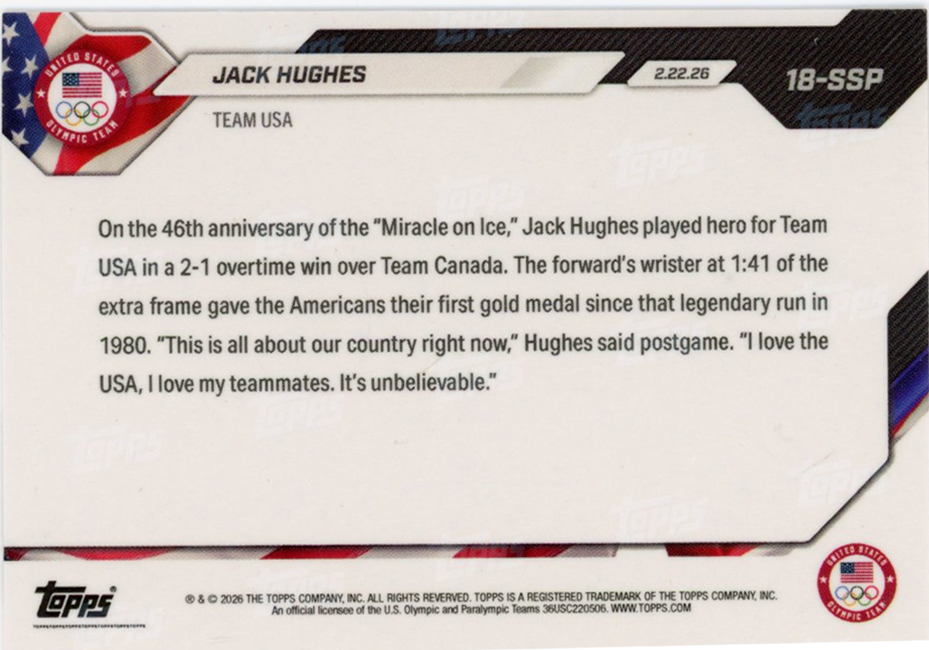 2026 Topps Now Olympics Jack Hughes #18-SSP Image Variation Super Short Print Team USA Gold Medal Hockey Card