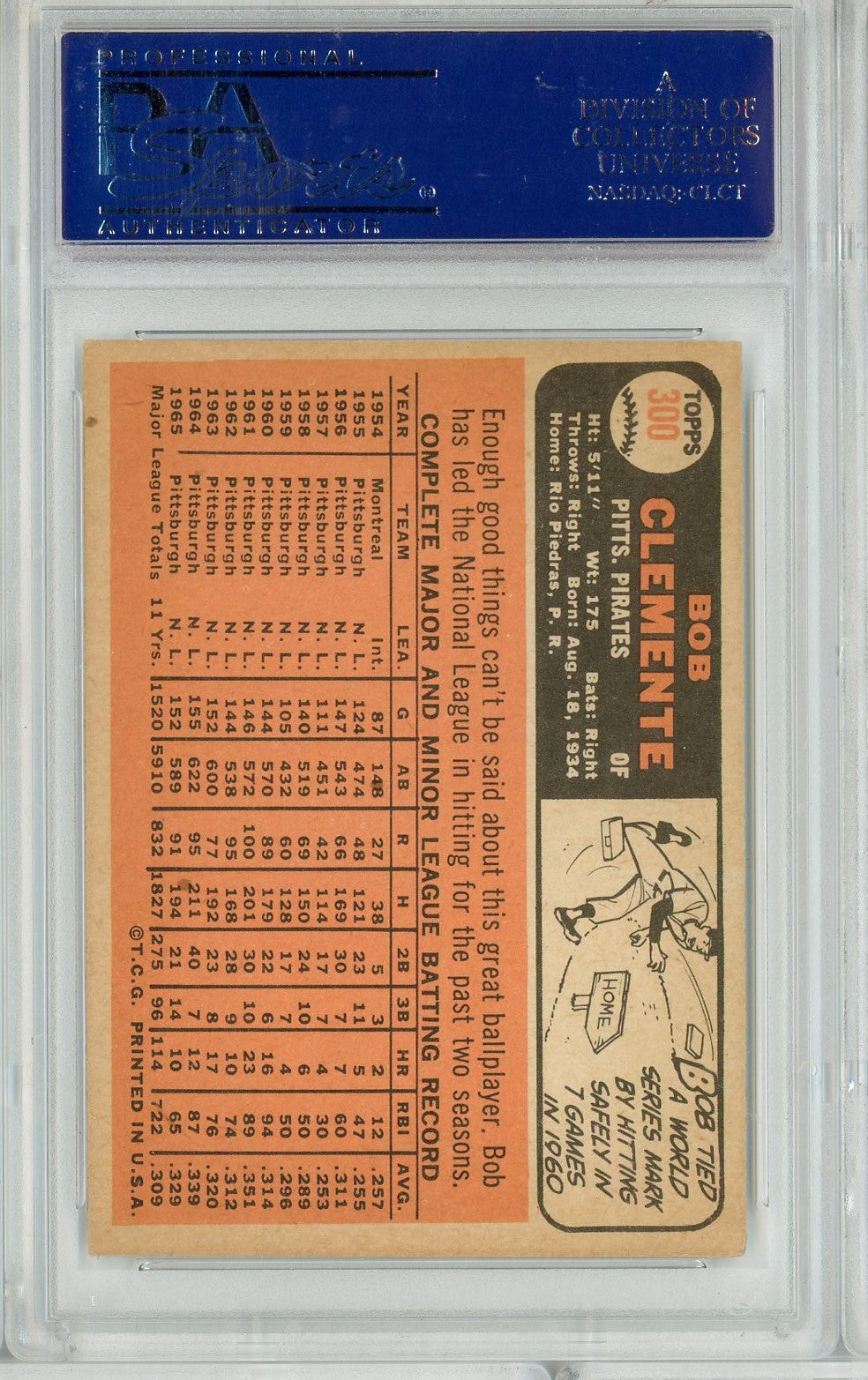 Graded 1966 Topps Bob Roberto Clemente #300 Baseball Card PSA 5 Excellent