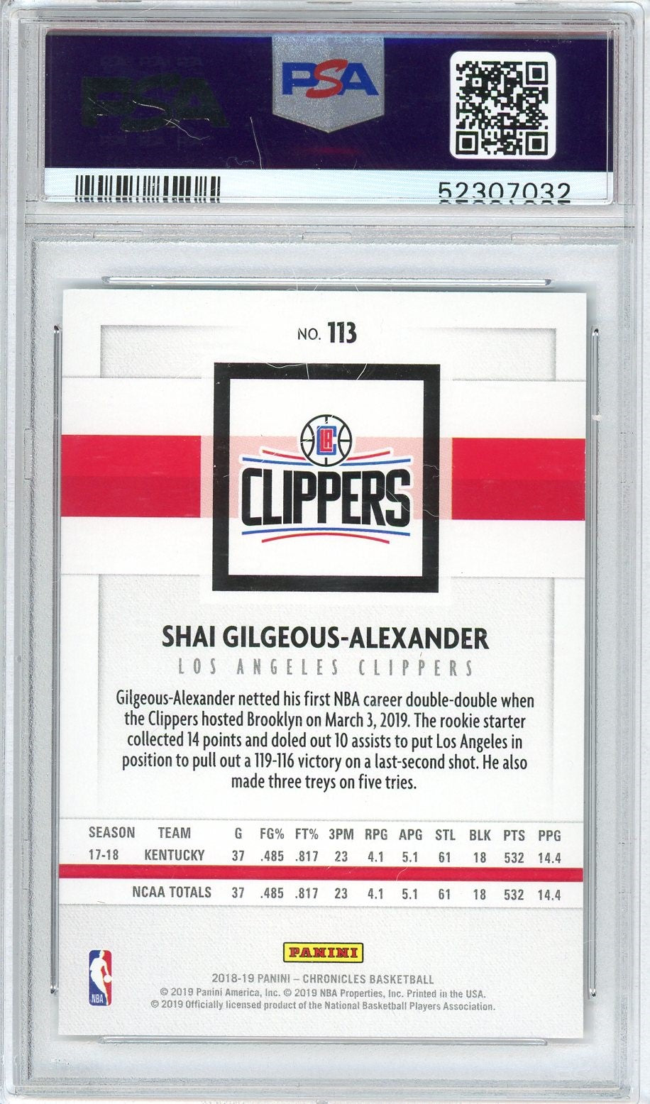 Graded 2018 Panini Chronicles Shai Gilgeous-Alexander #113 Rookie RC Basketball Card PSA 10 Gem Mint