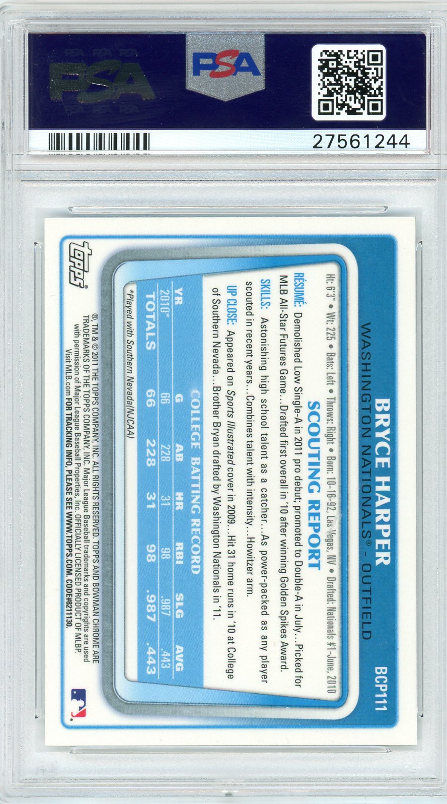 Graded 2011 Bowman Chrome Prospects Bryce Harper #BCP111 Rookie RC Baseball Card PSA 10 Gem Mint