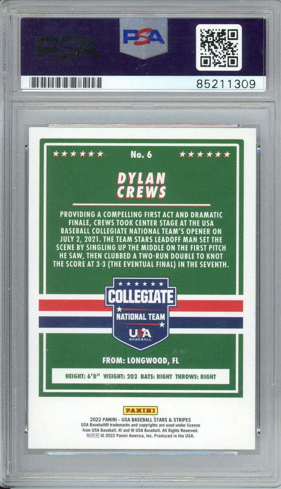 Graded 2022 Panini Stars & Stripes Dylan Crews #6 AUTO Rookie RC Baseball Card PSA 10 Gem Mint