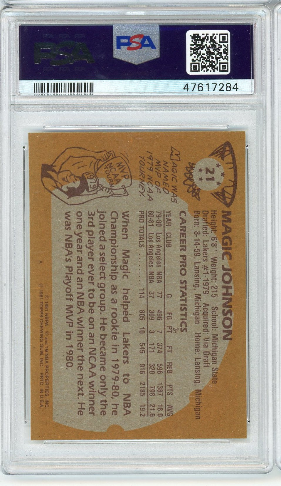 Graded 1981 Topps Magic Johnson #21 2nd Year Basketball Card PSA 4 VG-EX