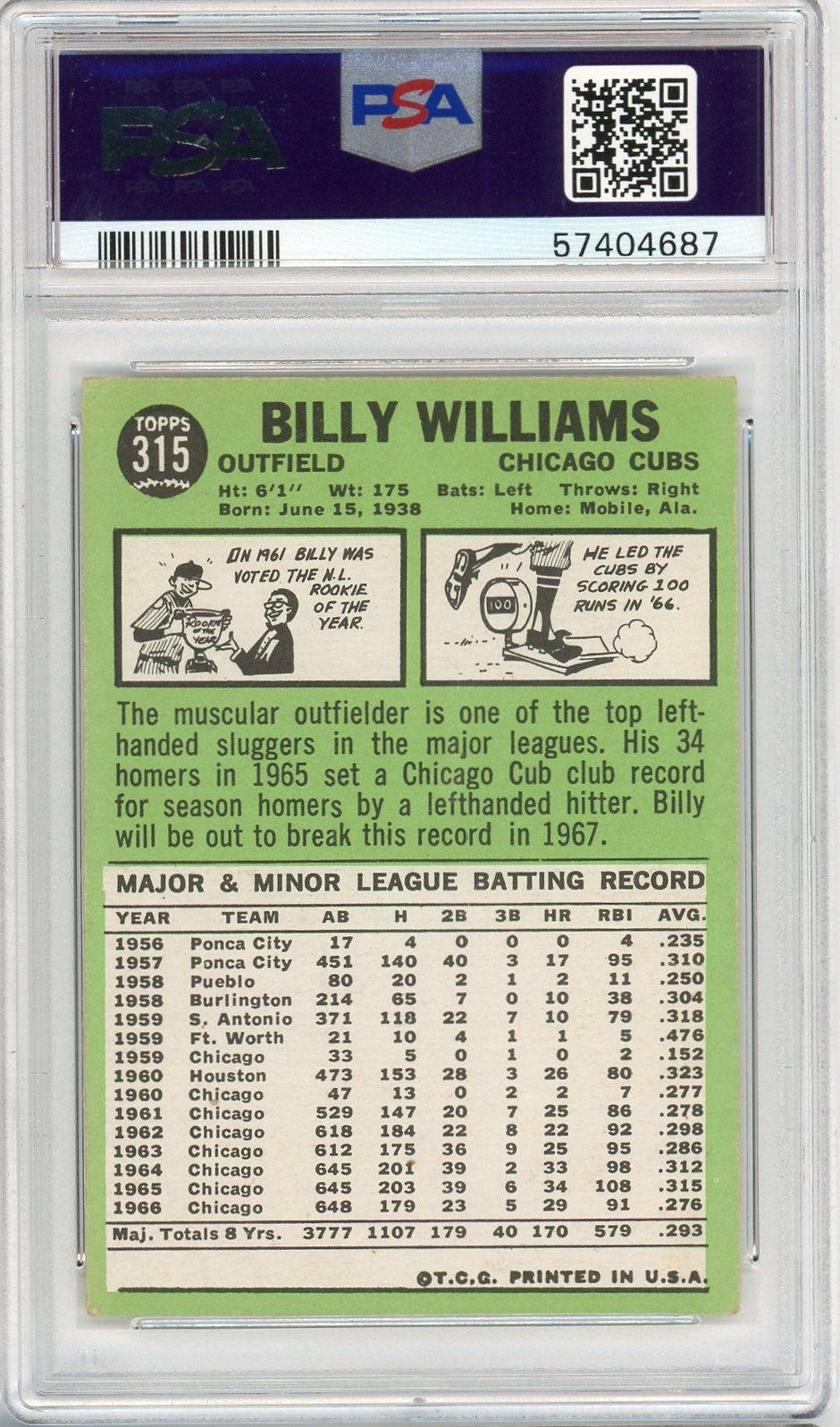 Graded 1967 Topps Billy Williams #315 Baseball Card PSA 3 Very Good