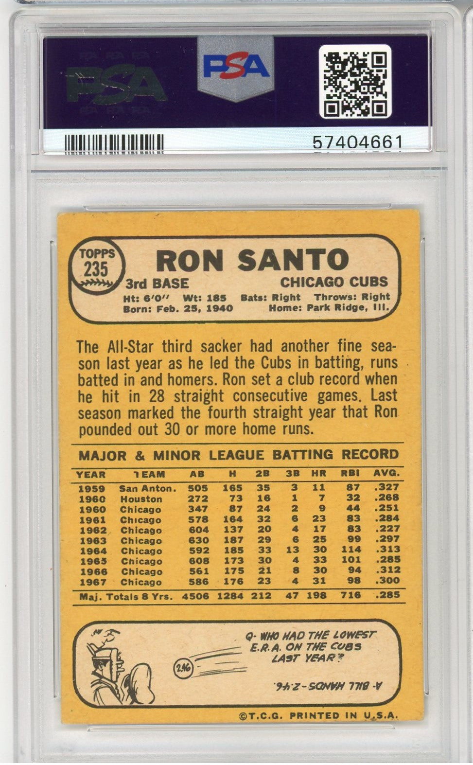 Graded 1968 Topps Ron Santo #235 Baseball Card PSA 4 VG-EX