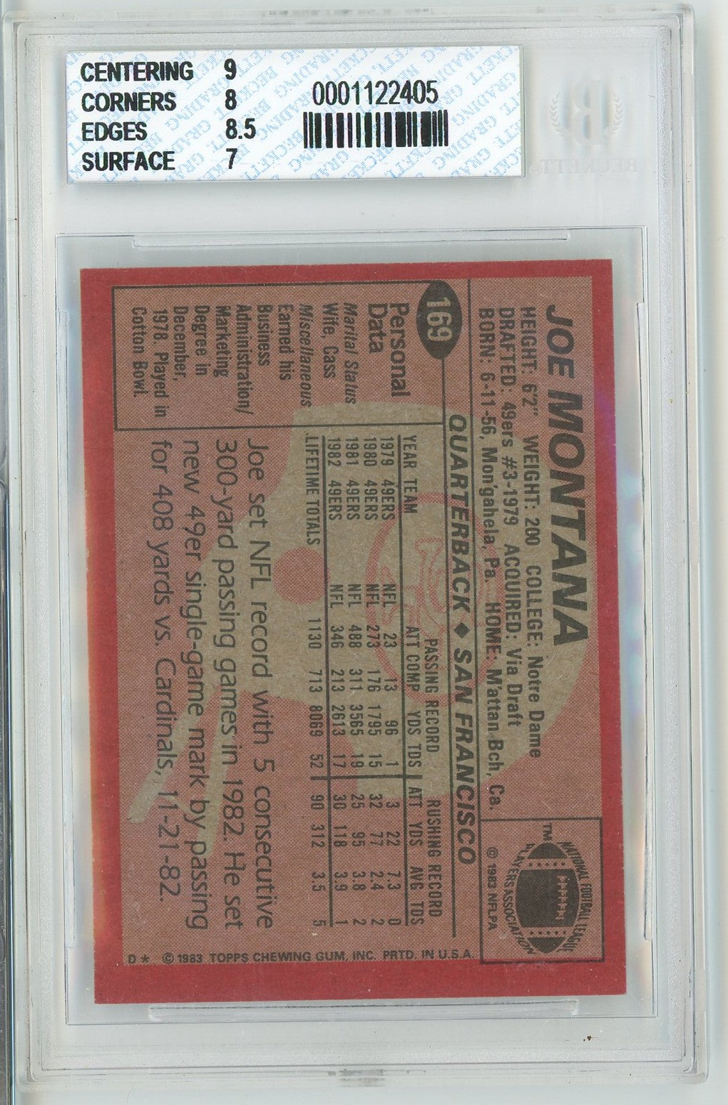 Graded 1983 Topps Joe Montana #169 Football Card BGS 8 NM-MT
