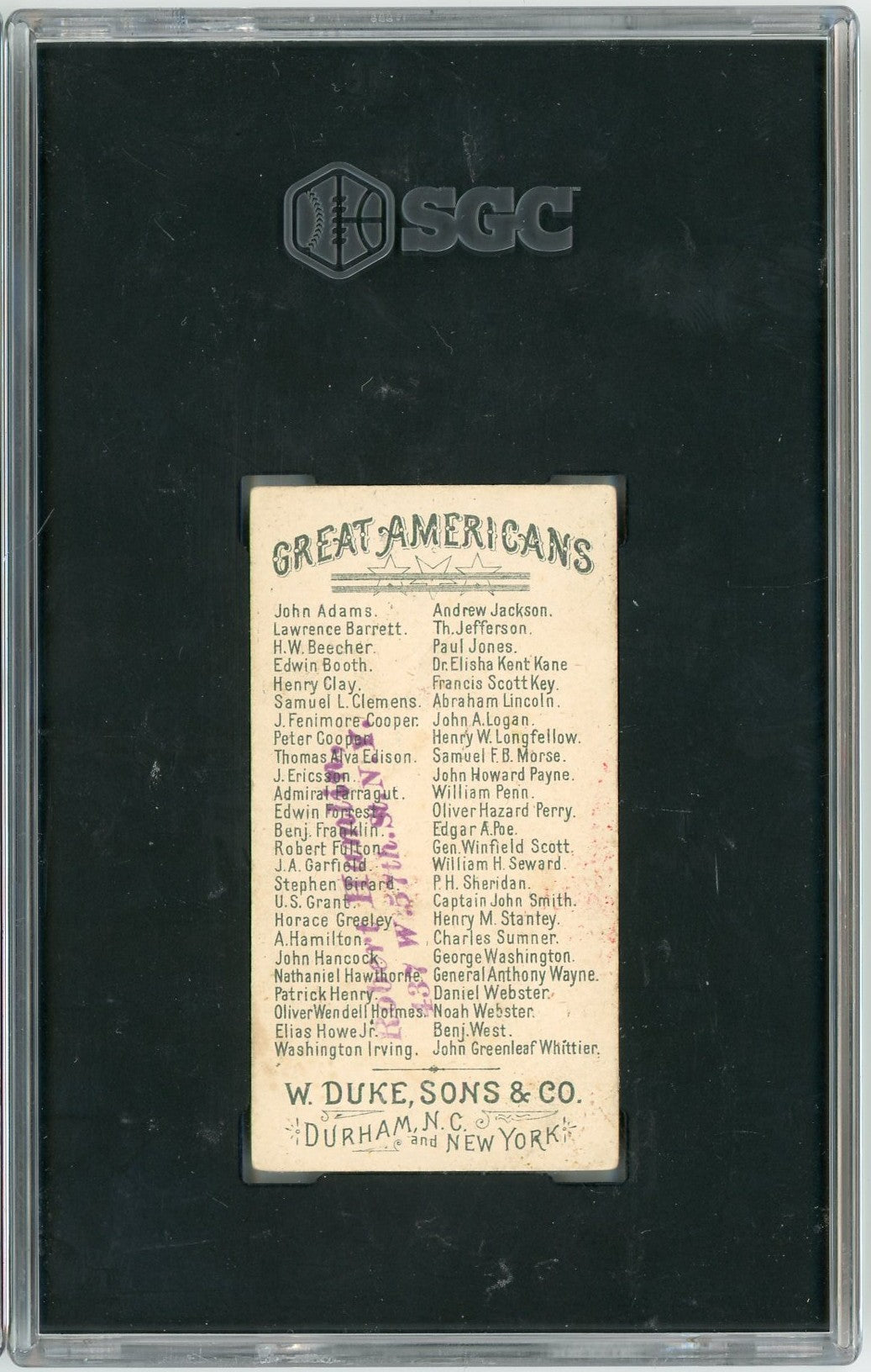 Graded 1888 N76 W. Duke, Sons & Co. Great Americans #DW Daniel Webster Baseball Tobacco Card SGC 2