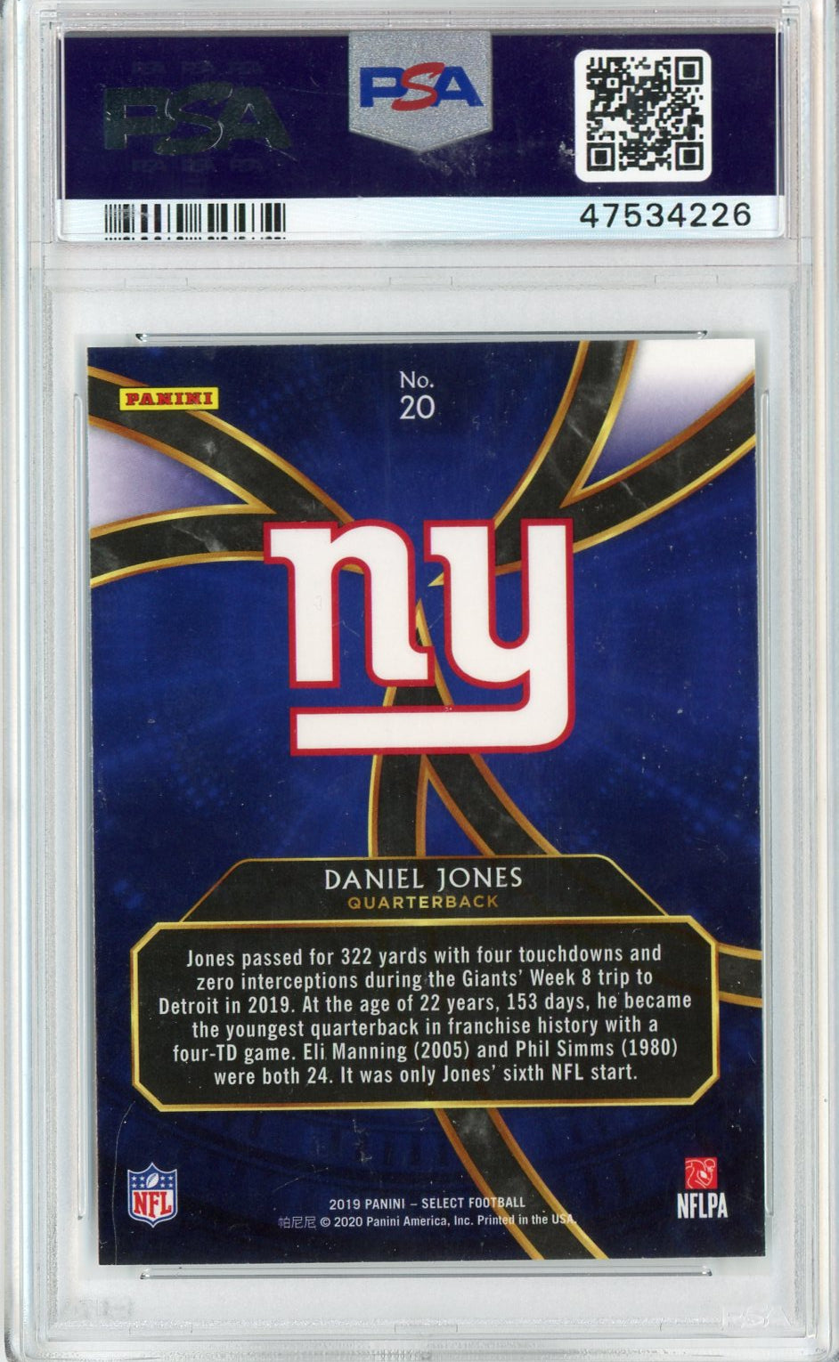 Graded 2019 Panini Select Daniel Jones #20 Phenomenon Rookie RC Football Card PSA 10 Gem Mint