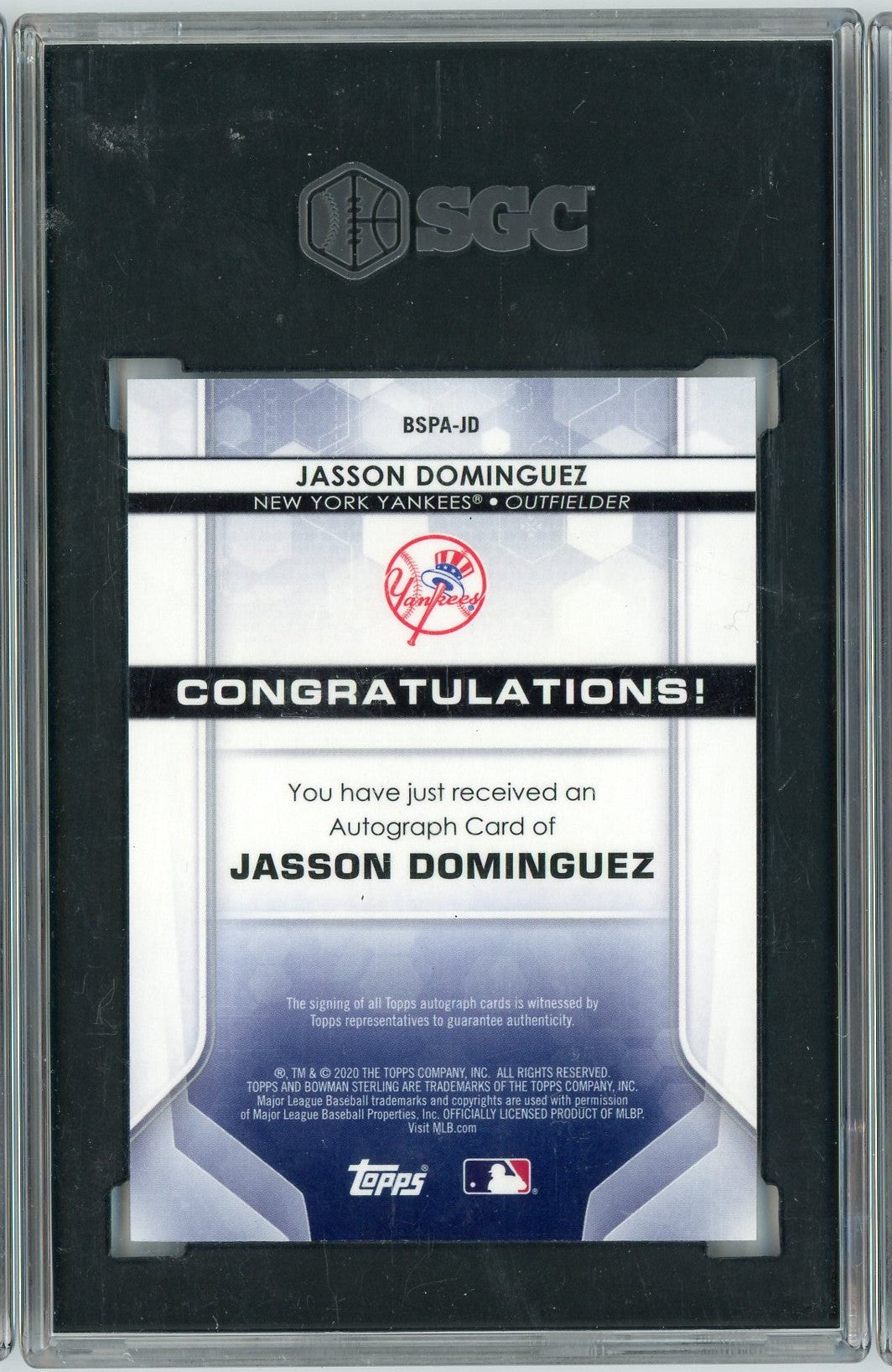 Graded 2020 Bowman Sterling Jasson Dominguez #BSPA-JD Prospect Autograph Rookie RC Baseball Card SGC 10 Gem Mint