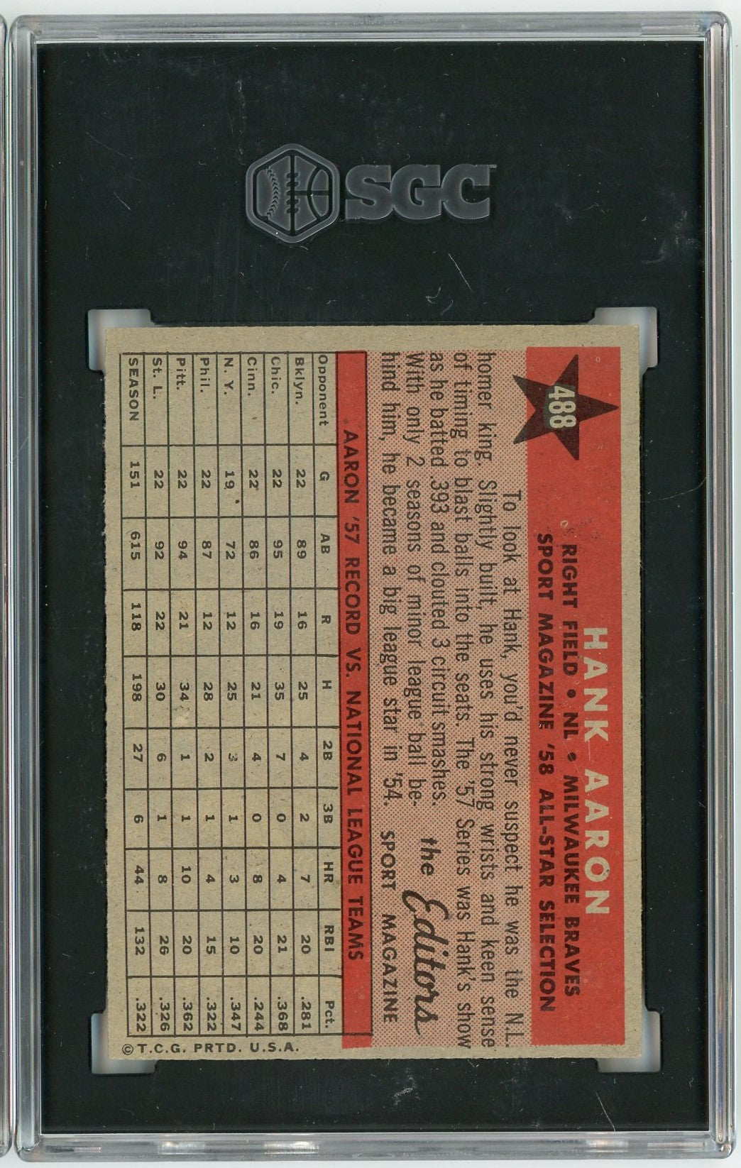 Graded 1958 Topps All Star Hank Aaron #488 Baseball Card SGC 6 EX-NM