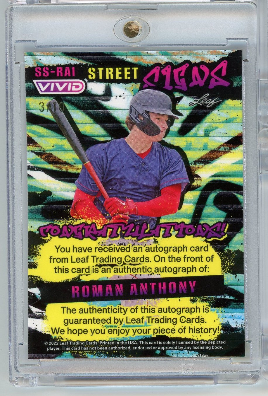 2023 Leaf Vivid Street Signs Roman Anthony #SSRA1 /10 Auto Rookie RC Baseball Card