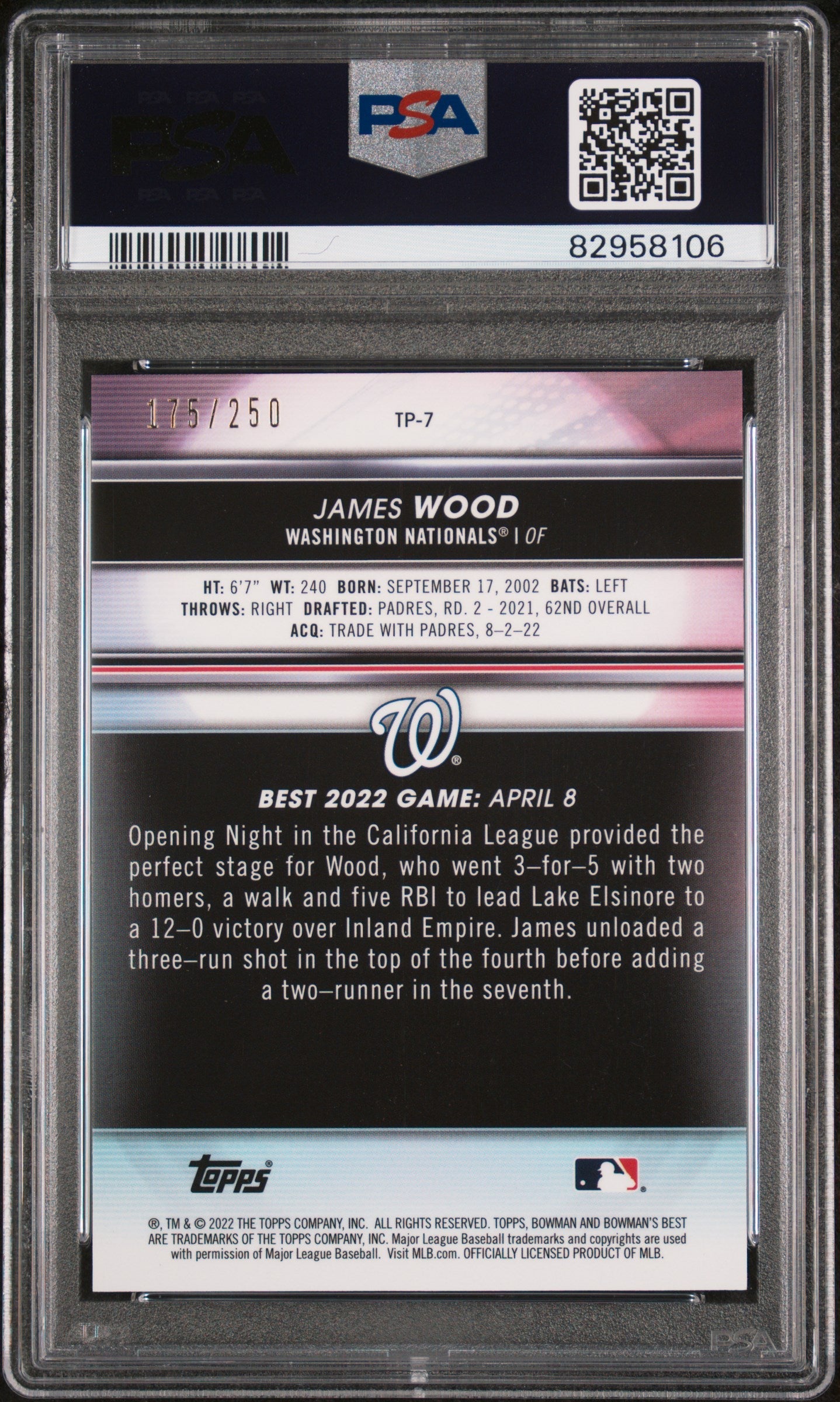 Graded 2022 Topps Bowmans Best James Wood #TP7 Top Prospects Purple Ref Rookie RC Baseball Card PSA 10 Gem Mint