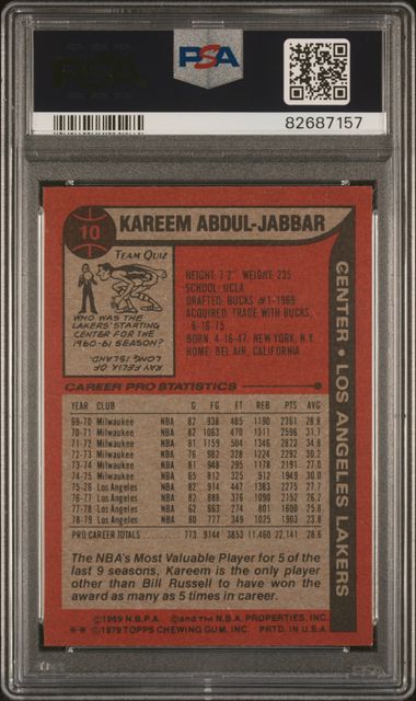 Graded 1979 Topps Kareem Abdul-Jabbar #10 Basketball Card PSA 8 NM-MT