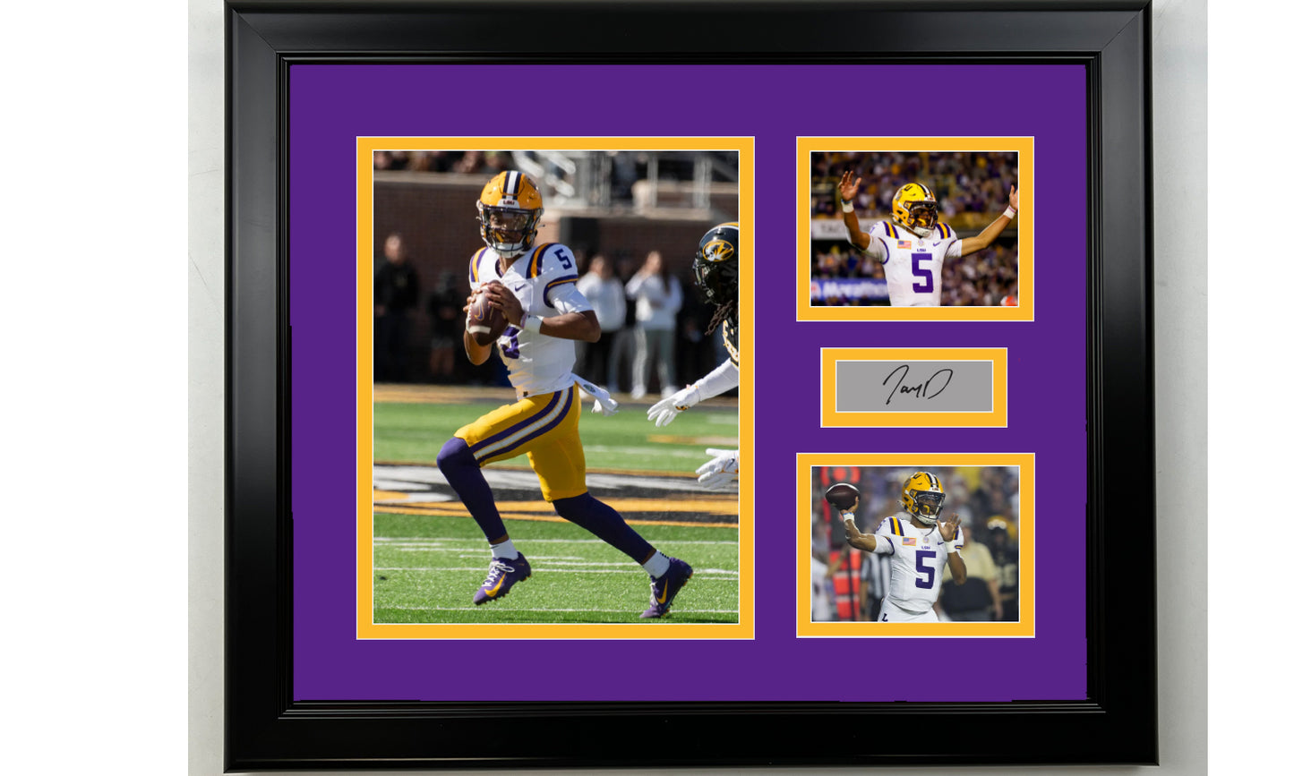 Framed Jayden Daniels LSU Facsimile Laser Engraved Signature NCAA Football 14x11 3 Photo Collage