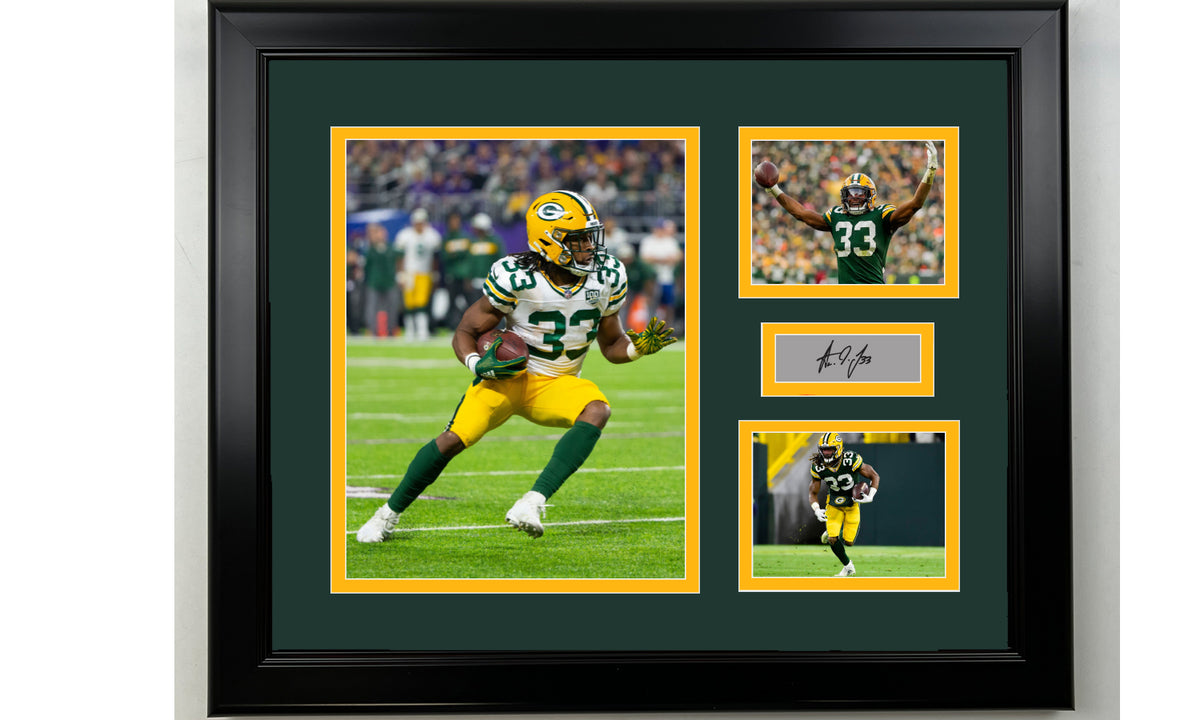 Framed Aaron Jones Green Bay Packers Facsimile Laser Engraved Signature Football 14x11 3 Photo Collage
