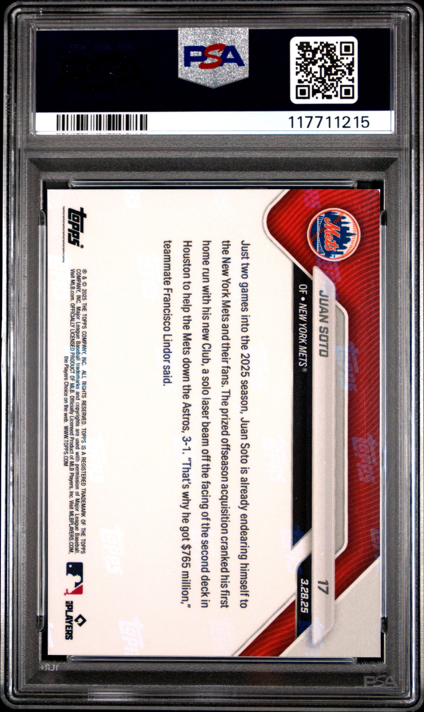 Graded 2025 Topps Now Juan Soto #17 Baseball Card PSA 9 Mint