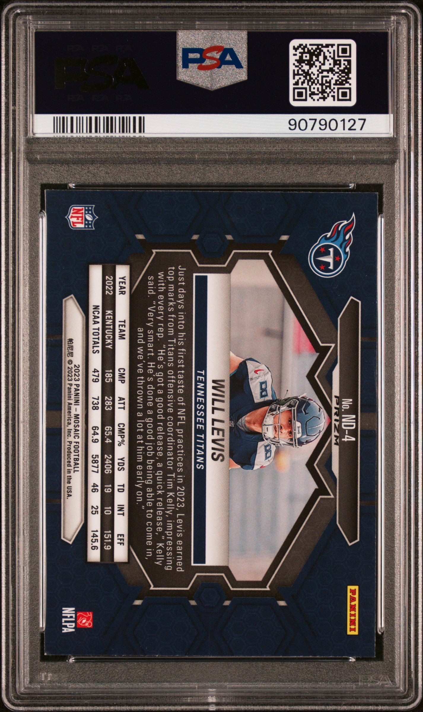 Graded 2023 Panini Mosaic Will Levis #ND4 NFL Debut Mosaic Rookie RC Football Card PSA 10 Gem Mint