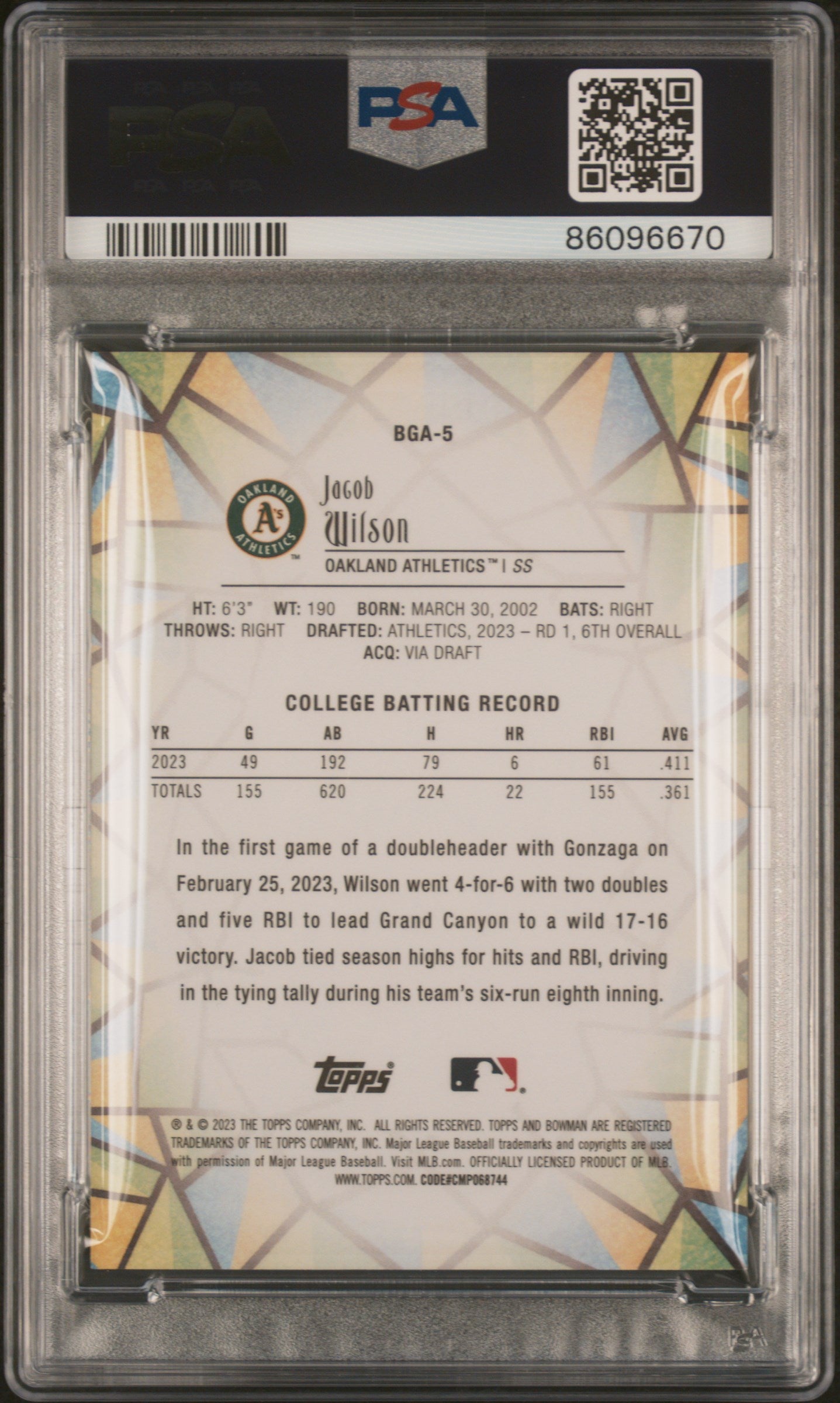 Graded 2023 Topps Bowman Draft Jacob Wilson #BGA5 Glass Rookie RC Baseball Card PSA 10 Gem Mint