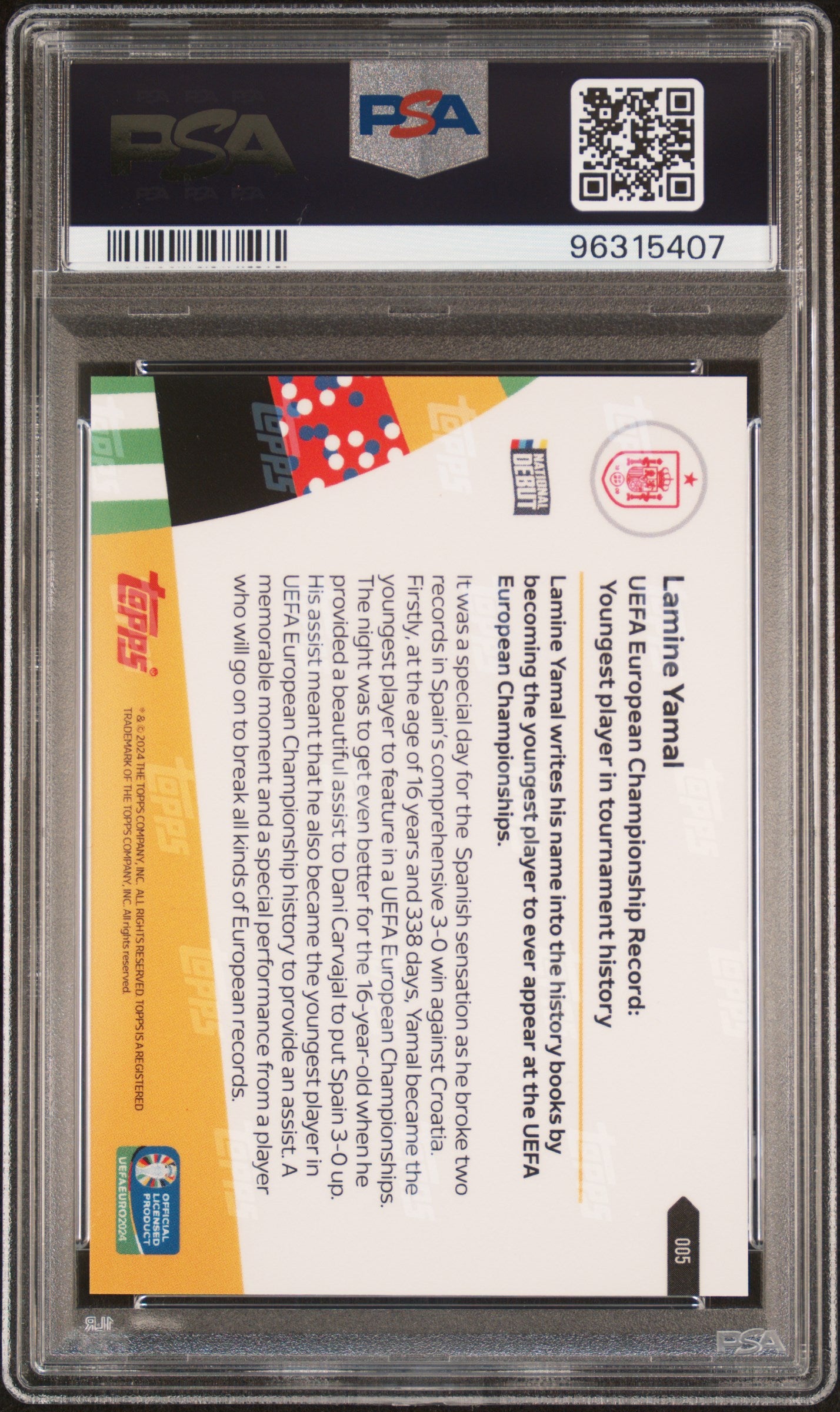 Graded 2024 Topps Now Lamine Yamal #5 UEFA Euro Championship Record: Youngest Player in Tournament History Rookie RC Soccer Card PSA 10 Gem Mint