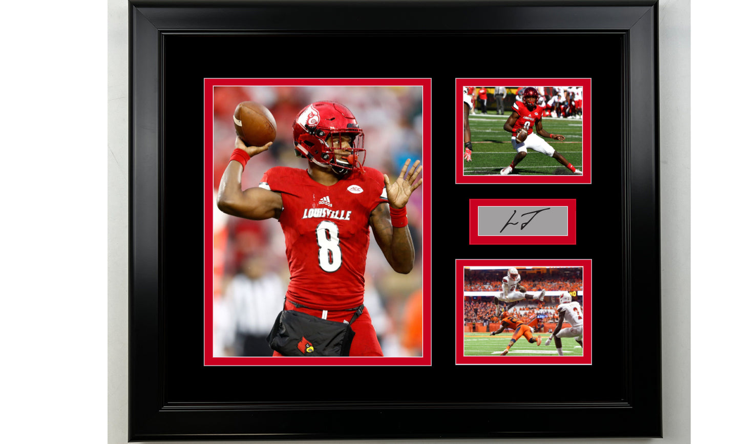 Framed Lamar Jackson Louisville Cardinals Facsimile Laser Engraved Signature NCAA Football 14x11 3 Photo Collage