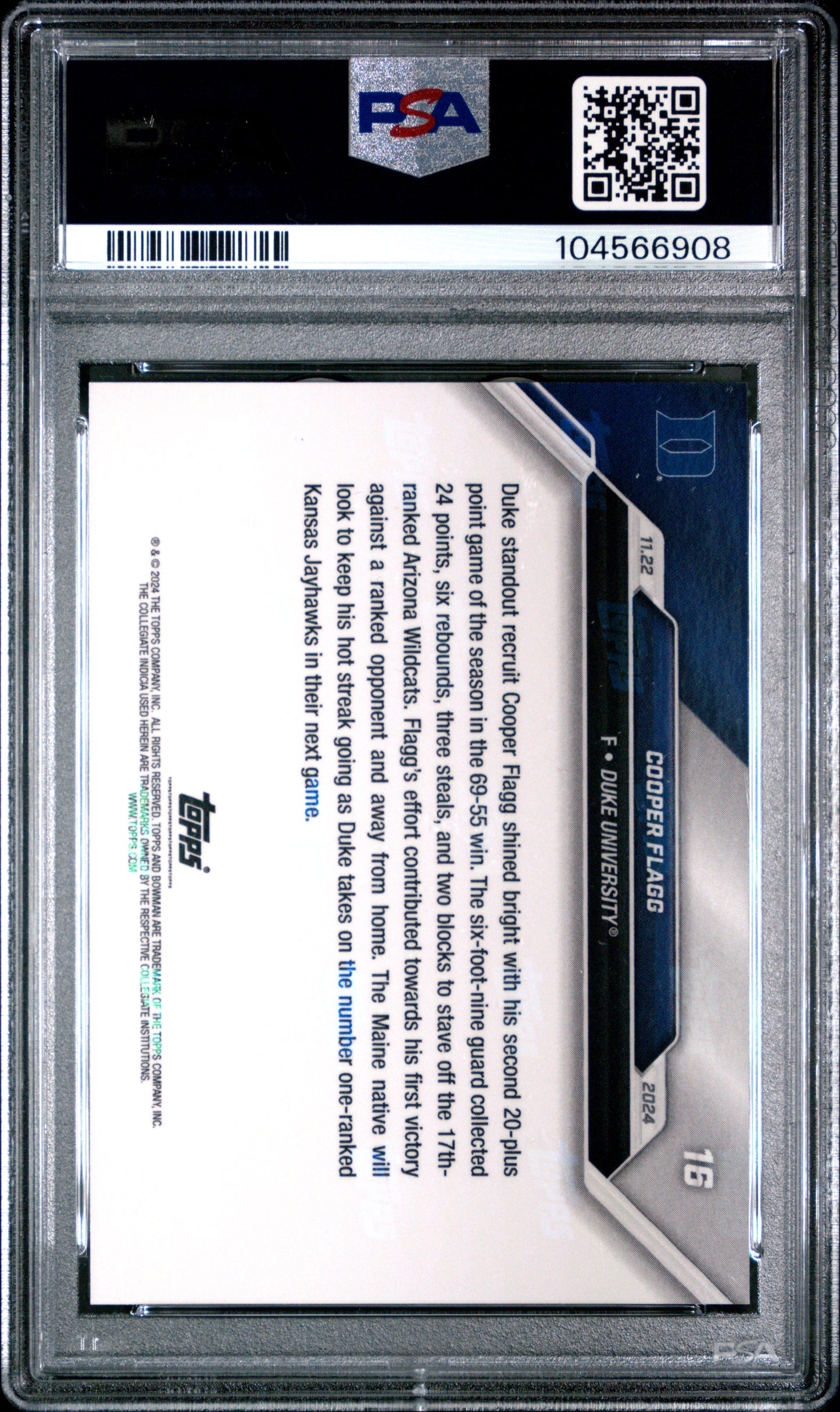 Graded 2024 Topps Bowman U Now Cooper Flagg #16 Rookie RC Basketball Card PSA 8 Near Mint