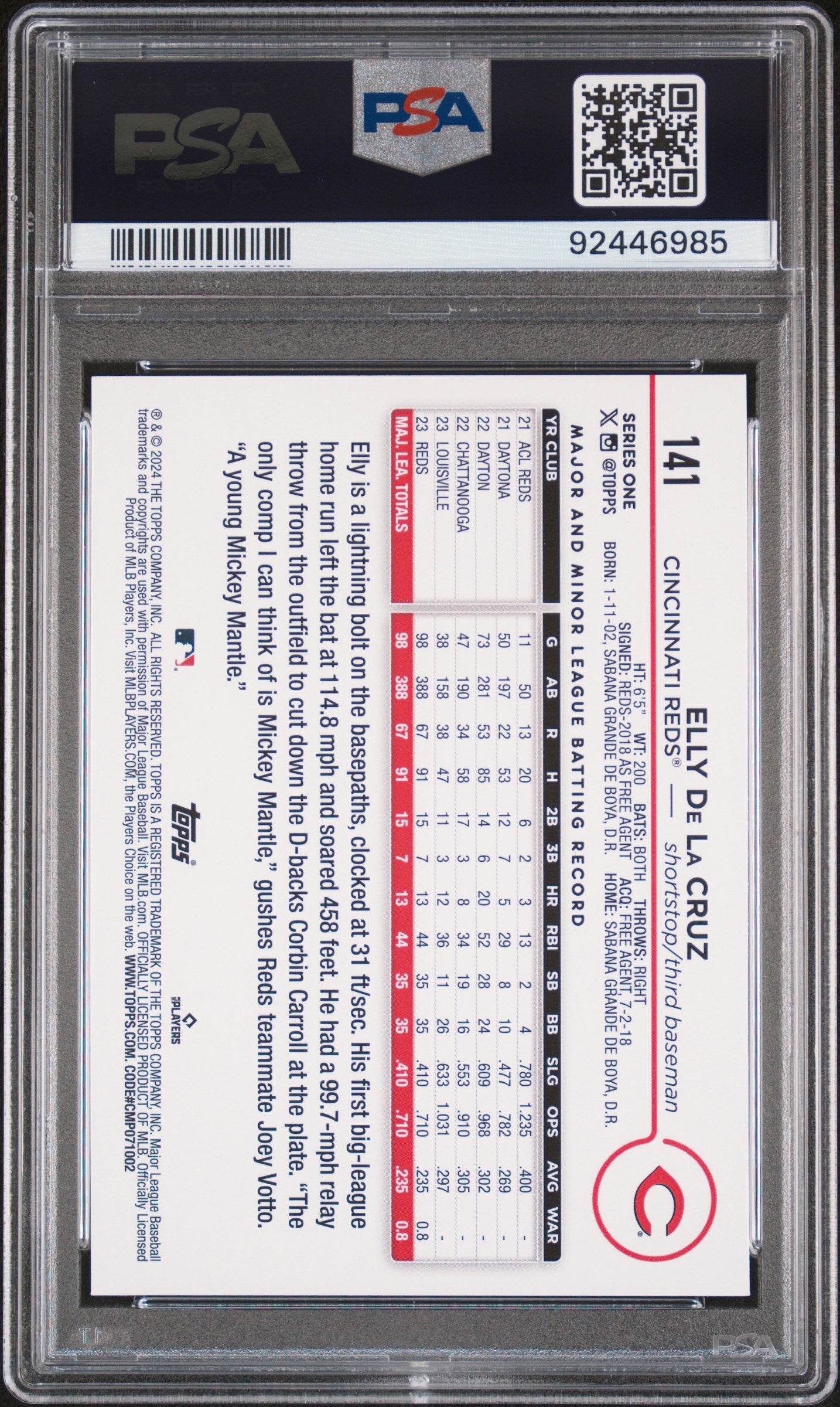 Graded 2024 Topps Elly De La Cruz #141 Rookie RC Baseball Card PSA 8 Near Mint