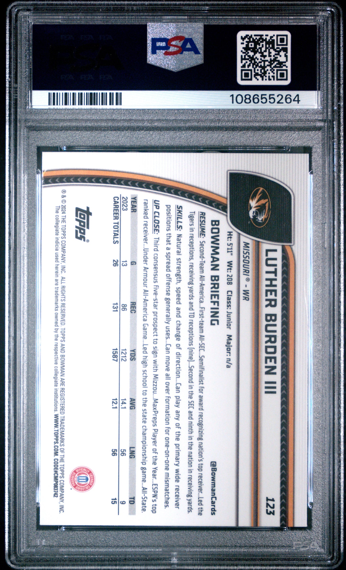 Graded 2024 Topps Bowman U Chrome Luther Burden III #123 Rookie RC Football Card PSA 10 Gem Mint